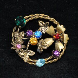 Vintage Floral Brooch with Multicolor Glass Z Made in Austria